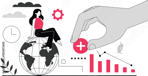 Global business strategy concept illustration, woman sitting on world globe, corporate management analytics, financial growth and decline charts, innovation planning, modern flat vector design