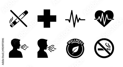 Collection of icons representing health and wellness concepts, including smoking cessation, medical care, and healthy living, shown from a straightforward viewpoint.