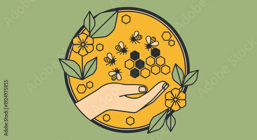 Hand holding bees and flowers in a circular frame surrounded by leaves and honeycombs