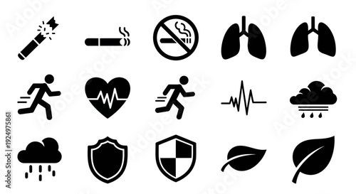 Collection of icons representing health and wellness concepts, including exercise, organs, and protection, in a simple black and white style