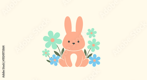 A cartoon bunny surrounded by flowers in a whimsical illustration from a front viewpoint