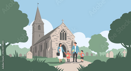 Family visiting a historic church with children on a path surrounded by trees and gravestones on a sunny day
