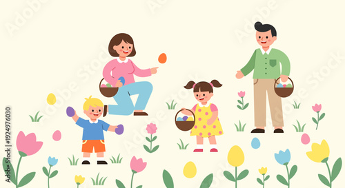 Family enjoying Easter egg hunt in a vibrant garden filled with colorful flowers from a playful perspective