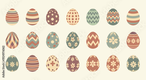 Collection of Decorated Easter Eggs with Various Patterns and Designs Displayed in a Grid Formation