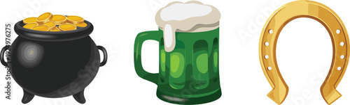 St Patrick Day symbols illustration, pot of gold coins, green beer mug and golden horseshoe, Irish luck concept, festive vector icons isolated