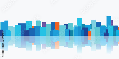 Abstract blue city skyline vector illustration with geometric pixel patterns and digital 3D cube shapes for a modern technology business web banner backdrop