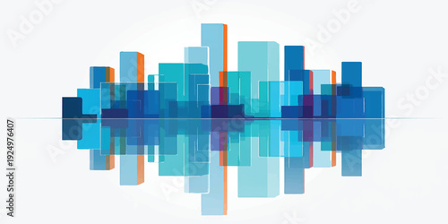 Blue abstract cityscape illustration featuring a night skyline with sleek skyscrapers, urban business towers, and a reflective downtown panorama in a minimalist vector design