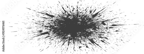Abstract black ink splatter burst graphic element on a white background