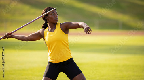 Wallpaper Mural Female athlete throwing javelin on track and field. Black woman competing in athletics event outdoors. Sports and competition concept Torontodigital.ca
