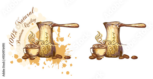 Coffee teapot with cup and coffee beans