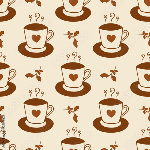 Coffee beans on branch and hot coffee or tea drink. Pattern with brown mugs, design depicting hot drink, heart on cup.