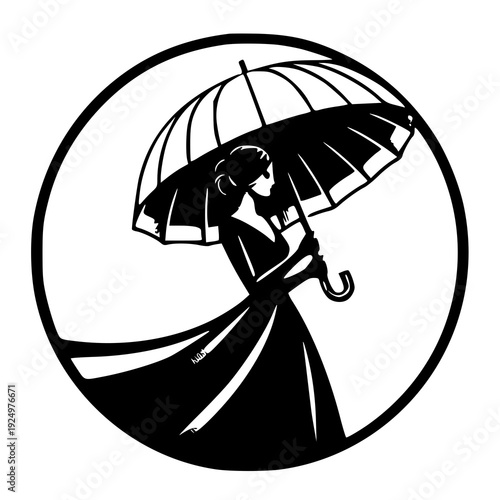 Vector illustration of a girl with umbrella , silhouette of a girl with umbrella 