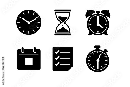 Time management icons set featuring clocks, hourglass, calendar, and checklist