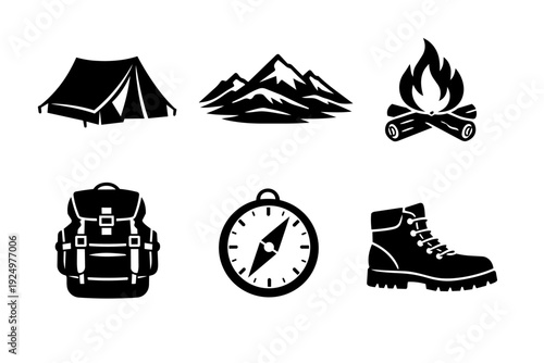 Outdoor adventure essentials icon set for camping, hiking, and travel concepts