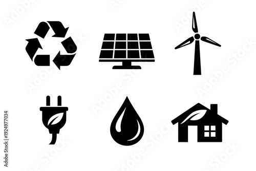 Sustainable energy and ecology icons symbolizing renewable power and conservation