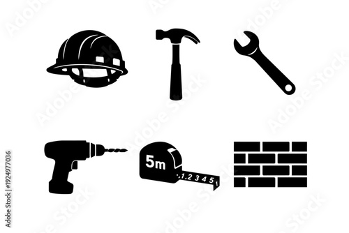 Construction tools and safety equipment representing building, repair, and engineering
