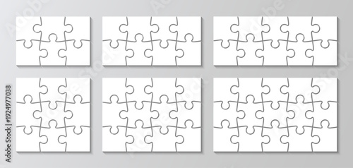 6 puzzles infographics collection. Jigsaw set with different sizes. Puzzle grid business chain infographic. Process diagram presentation. Business info graphic with steps, parts. Vector illustration