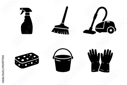 Collection of common household cleaning supplies and tools for sanitation and chores