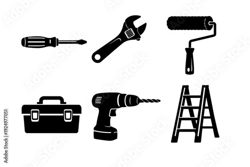 Construction and repair tools vector icons set with screwdriver, drill, wrench, roller