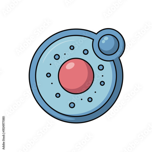 A cartoon illustration of a cell with a large red nucleus and smaller blue organelles in a light blue cytoplasm, surrounded by a darker blue cell membrane.