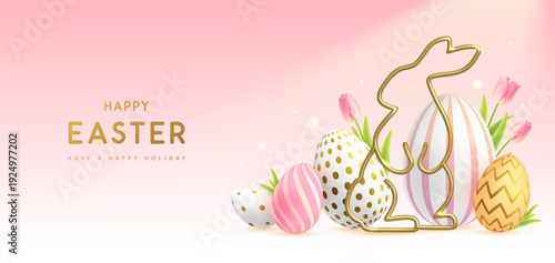 Happy Easter background with colorful easter eggs, golden rabbit silhouette and tulips. Holiday greeting card or poster. Vector illustration