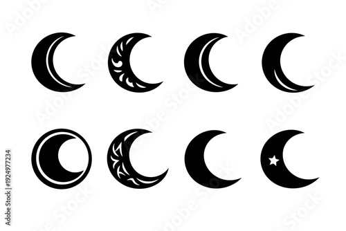 Crescent moon icons collection representing lunar phases and astrology symbols