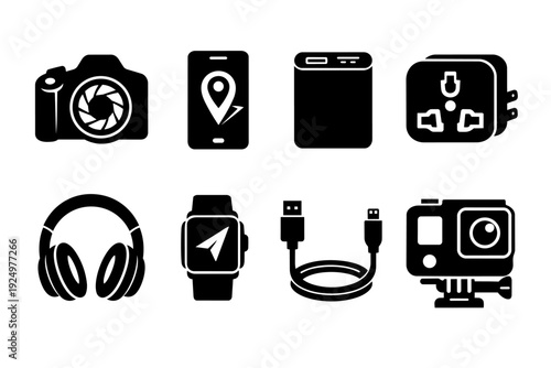 Travelers and bloggers electronic gadgets icon set for modern digital lifestyle concepts