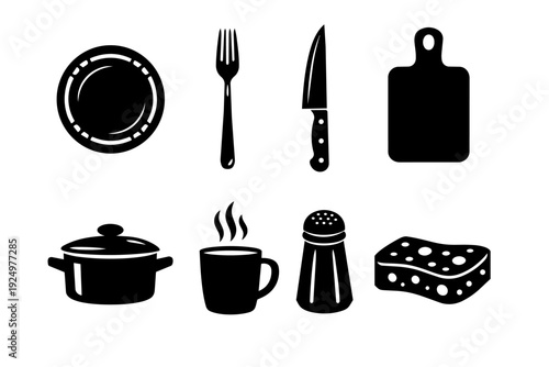 Kitchenware and cooking utensils set showing various silhouettes for meal preparation