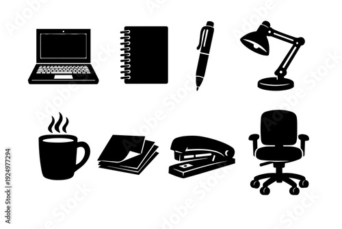 Office work and business supplies set creating a productive workspace concept