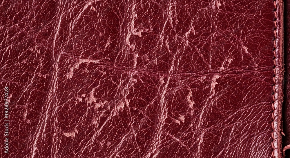 Fototapeta premium Close-up of textured red leather surface with visible scratches and stitching
