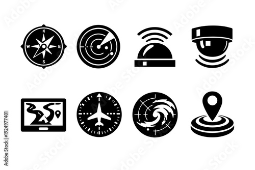 Set of black icons depicting navigation, radar, tracking, and weather monitoring systems