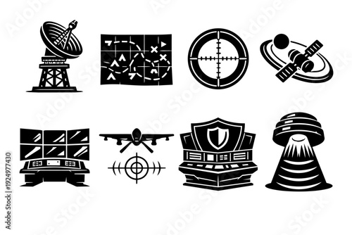 Military surveillance technology icons depicting defense operations and strategic planning