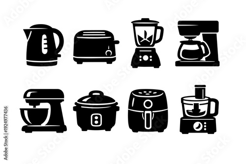 Kitchen appliances silhouette icons set. Cooking and food preparation tools symbols