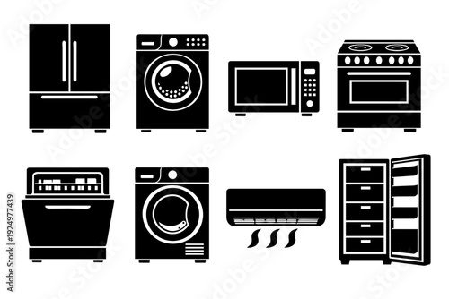 Household appliance black icons set representing home electronics and kitchen equipment