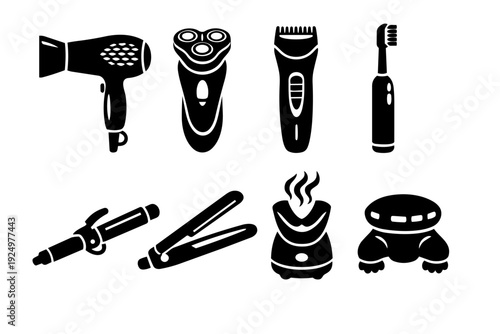 Personal grooming tools set for beauty and hygiene routine, featuring cosmetic appliances