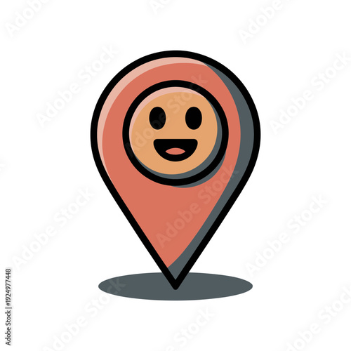 A cheerful location pin icon with a smiley face, used for mapping and navigation purposes.