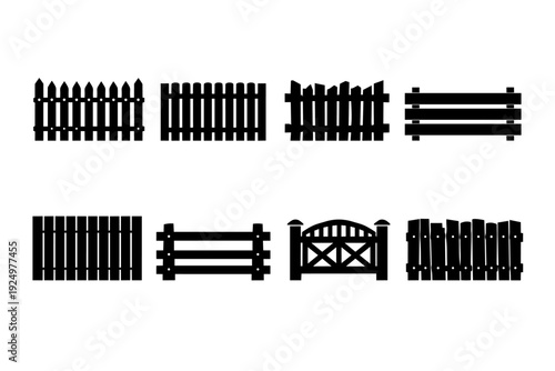 Fences and gates rustic wooden silhouettes set for garden boundary and security concept