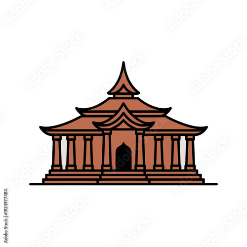 A minimalist vector illustration of a traditional Asian temple with a pagoda-style roof and columns