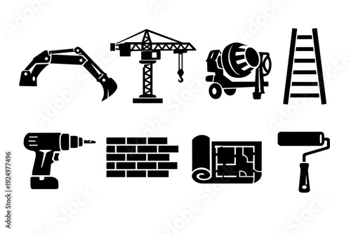 Building and construction icons representing industrial tools and architecture planning