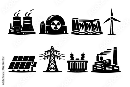 Energy generation and distribution icon set representing various power plants and renewable sources