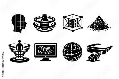 Virtual reality, augmented reality, and 3d scanning digital technology icons