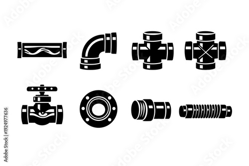 Plumbing pipe fittings and valve vector icon set for industrial supply and connection