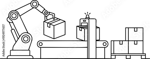 Black and white line art vector illustration of an industrial automation concept featuring a robotic arm placing a box on a conveyor belt with a scanner, ending with stacked boxes on a wooden pallet