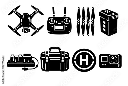 Drone photography equipment set with quadcopter, remote control, and accessories