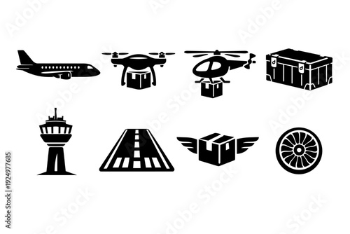 Air cargo and package delivery icons illustrating modern logistics and transportation