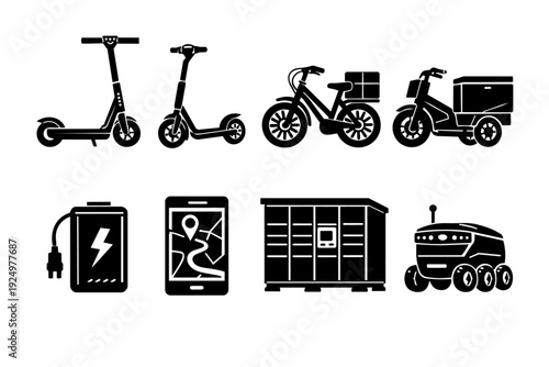Future urban mobility icons featuring delivery, sharing, electric vehicles and autonomous robotics