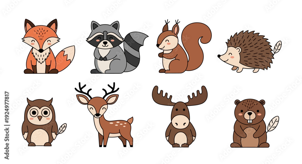 Fototapeta premium Cute cartoon forest animals collection in a simple flat design