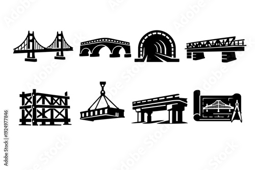 Engineering structures and building icons, representing construction, infrastructure, and design