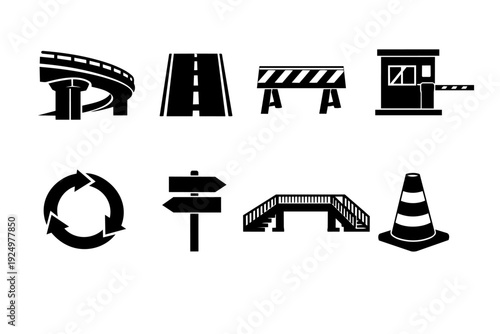 Road and highway infrastructure elements collection, traffic signs, barriers, and toll booth