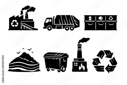 Waste management and recycling process icons set representing environmental sustainability